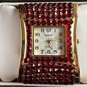 Vintage 90’s Red Hot Swarovski Crystal Wide Band Bracelet Watch